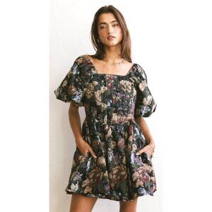 BOHME LaRuth Floral Brocade Short Puff Sleeves Pockets Smocked Mini Dress Size L